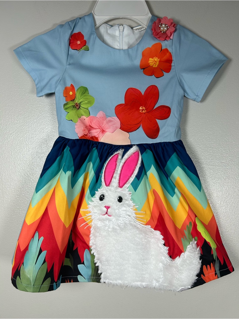 Whimsical 3D Floral & Fuzzy Bunny Rabbit Rainbow Spring Summer Dress